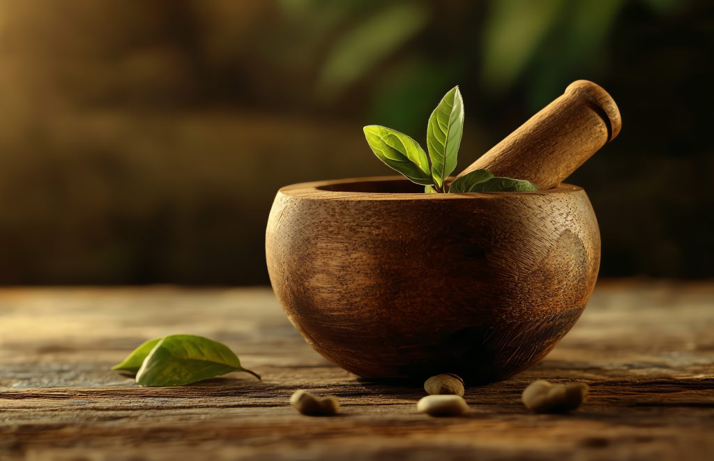 Mortar and pestle with Ayurvedic herbs